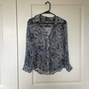 Theory Blue Floral Sheer Silk Blouse